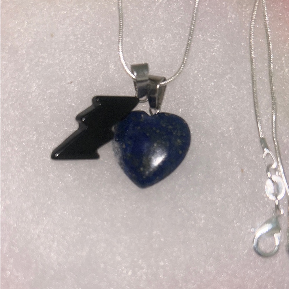 Lapis Lazuli Heart and Onyx Lightning Pendant Necklace